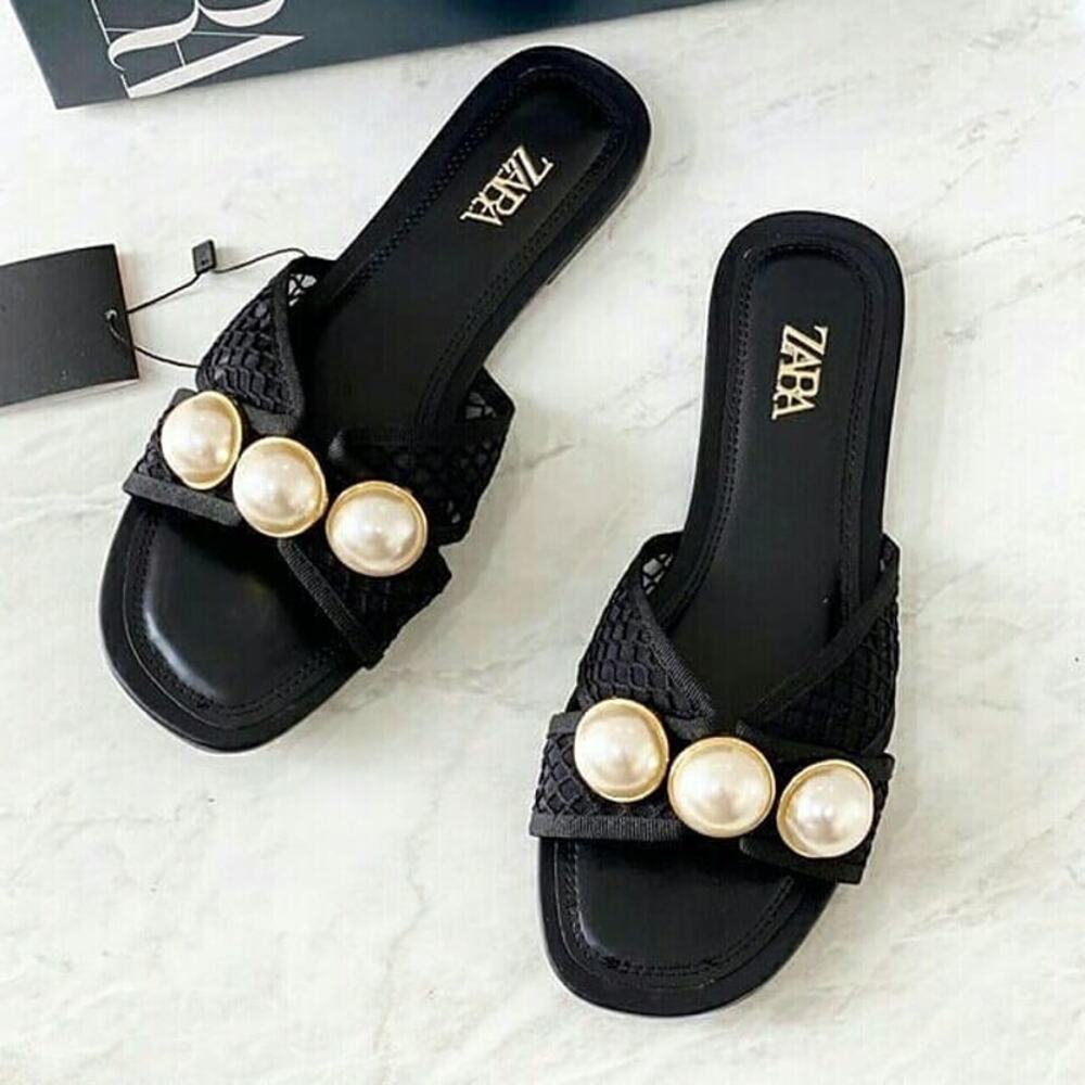 ZARA Pearl Embellished Mesh Slide Sandals NWT Black Resort Flats Size 7.5 - Picture 10 of 16